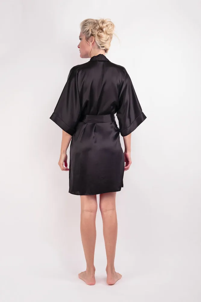 100% Mulberry Silk Kimono Robe - Black