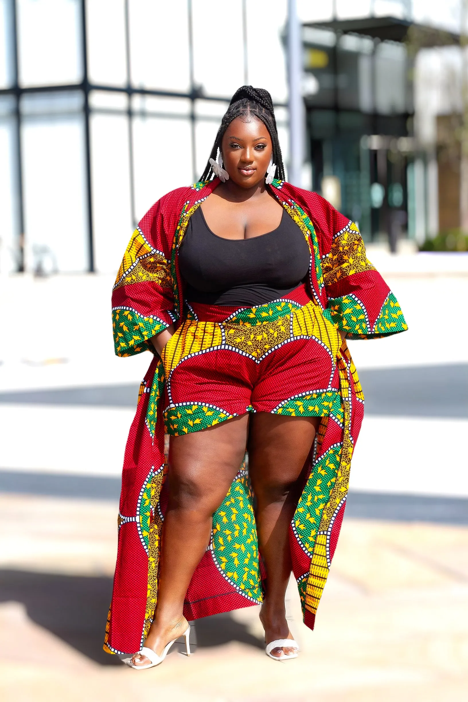 3pcs African Print Long Kimono Jacket, Shorts and Headwrap Set- Remike