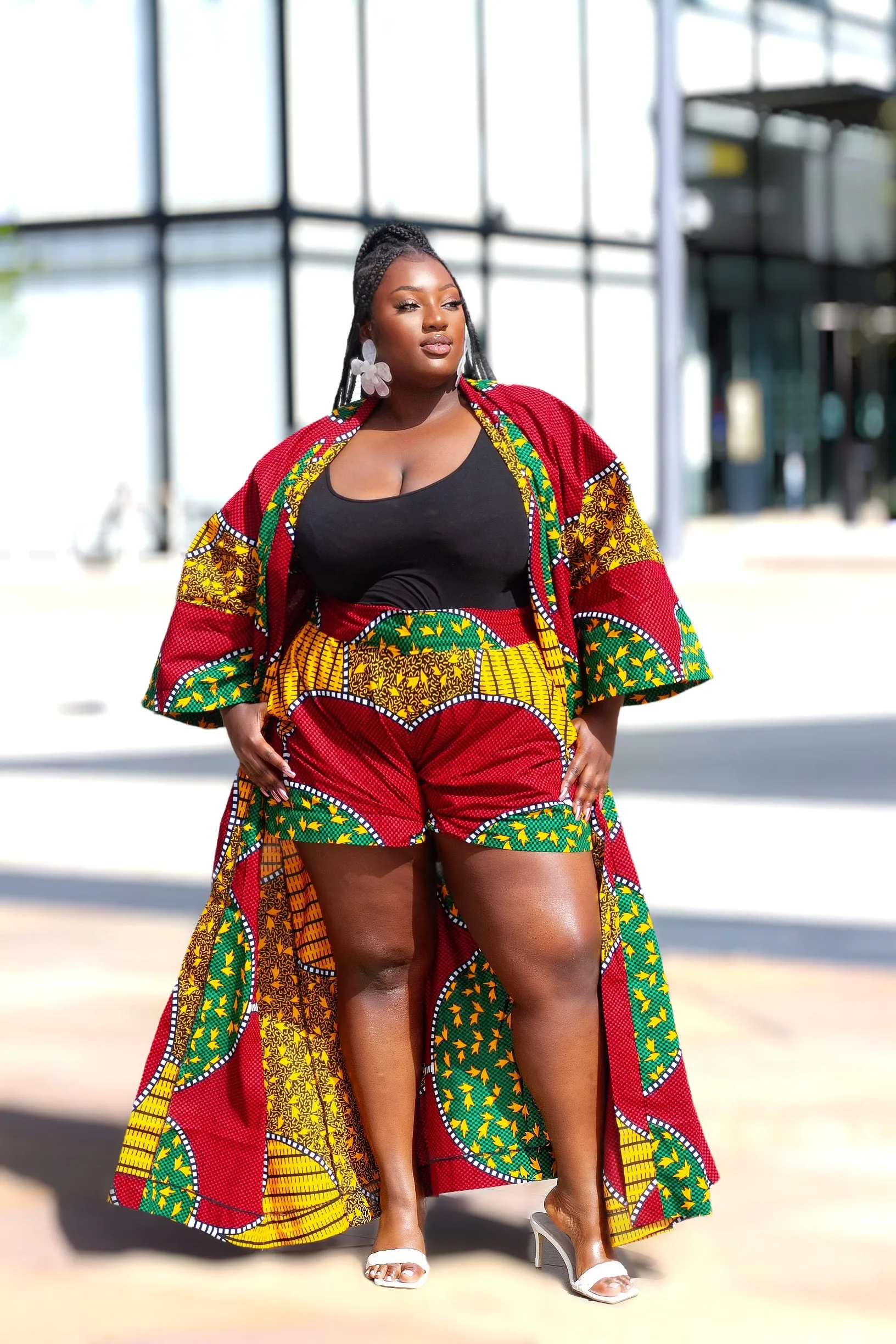 3pcs African Print Long Kimono Jacket, Shorts and Headwrap Set- Remike