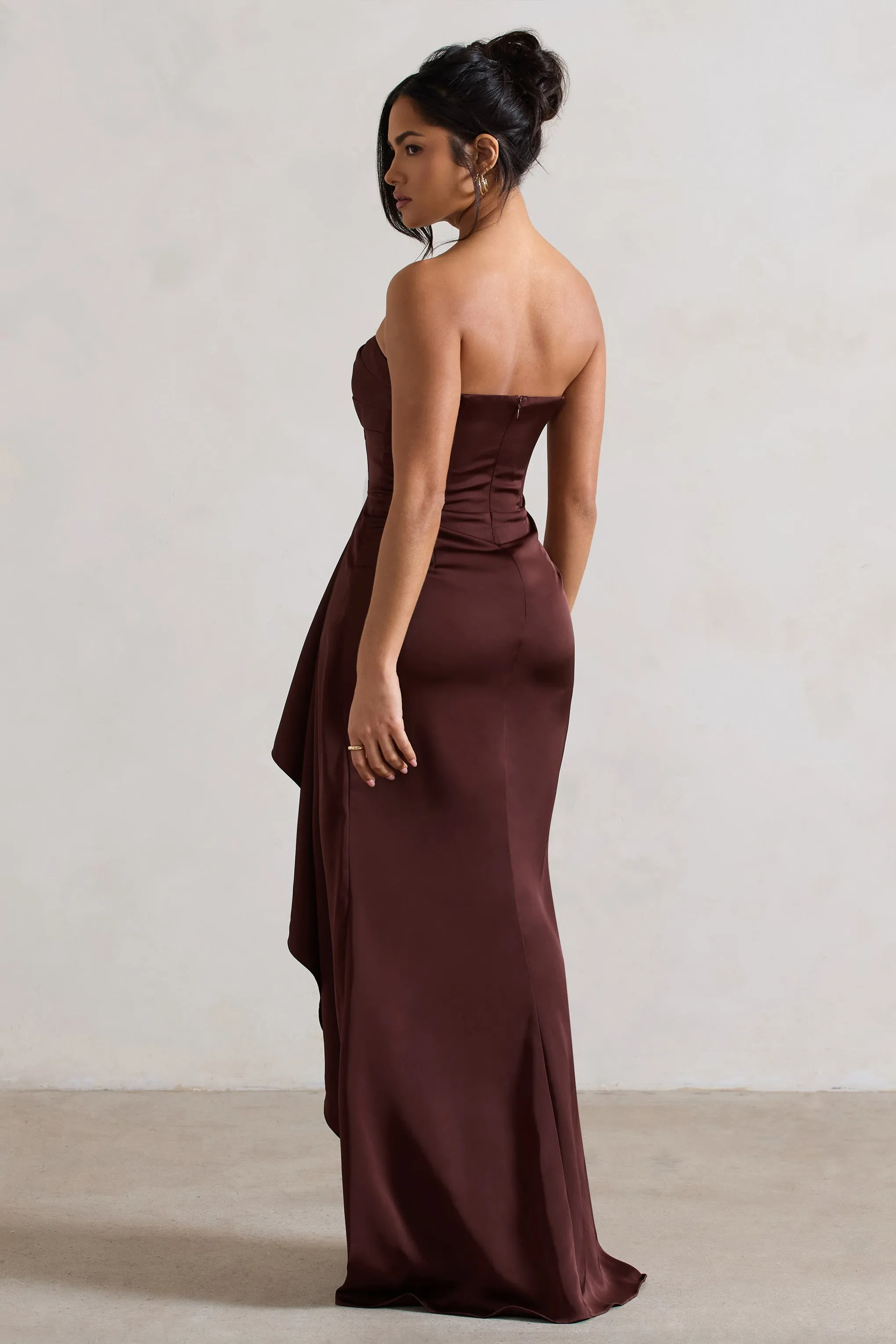 Ace | Chocolate Brown Satin Bandeau Split Maxi Dress With Ruffle Drape