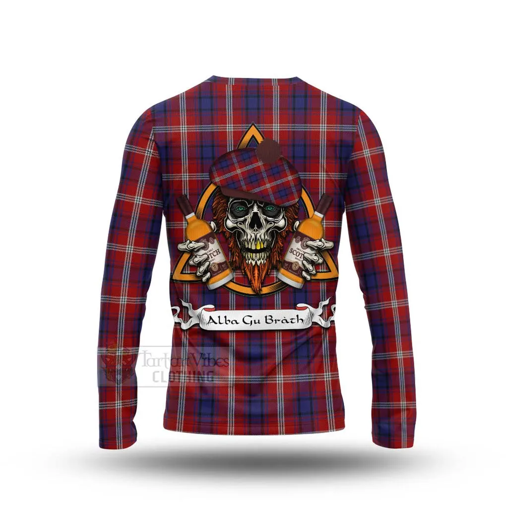 Ainslie Tartan Long Sleeve T-Shirt with Family Crest and Bearded Skull Holding Bottles of Whiskey