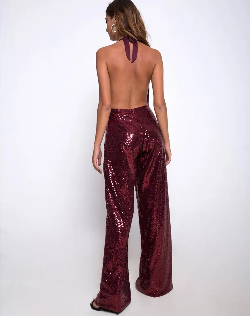 Amber Wide Leg Jumpsuit in Mini Sequin Burgundy