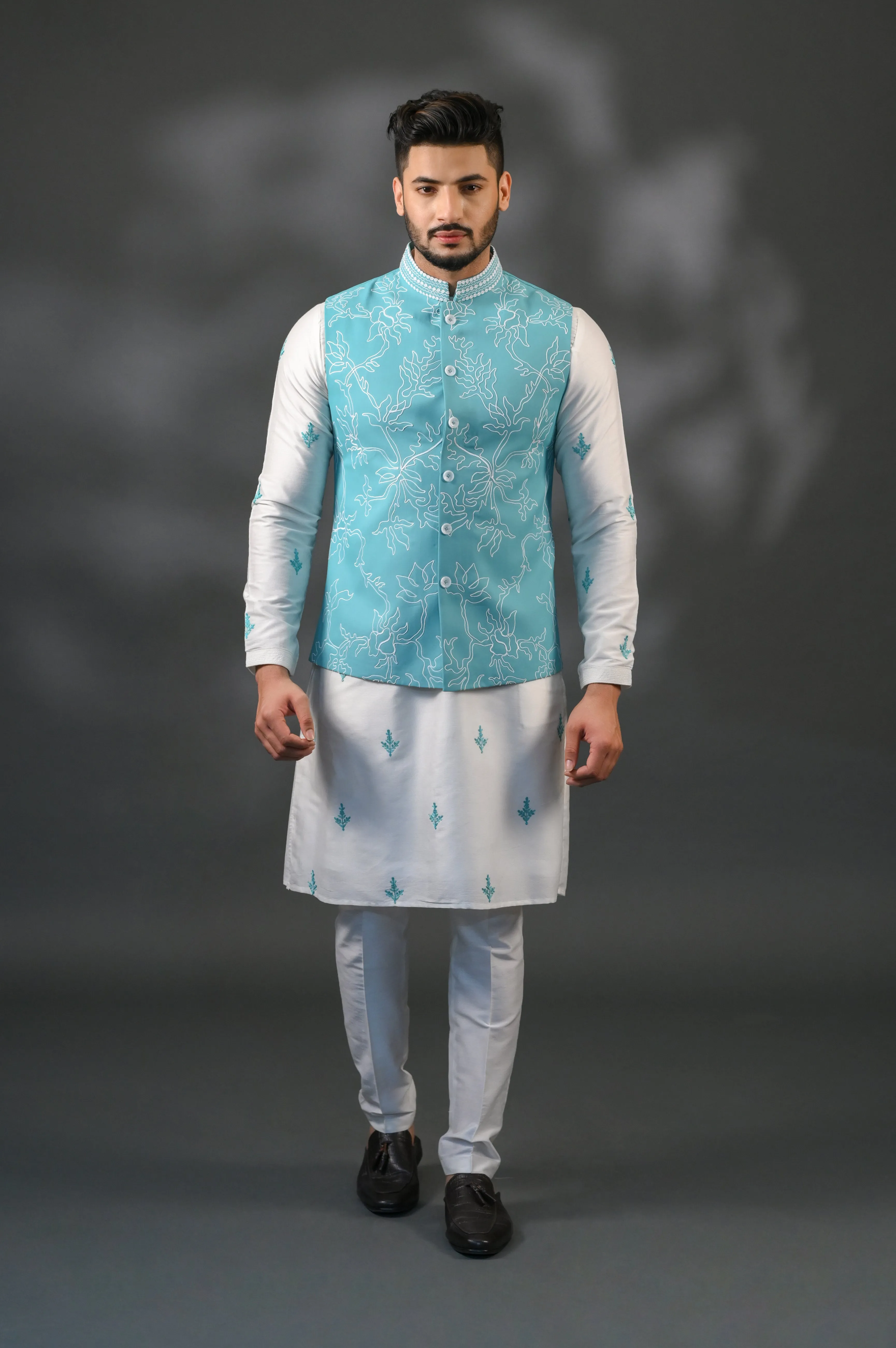 Aqua Chanderi Silk Jacket Set With All Over Embose Print