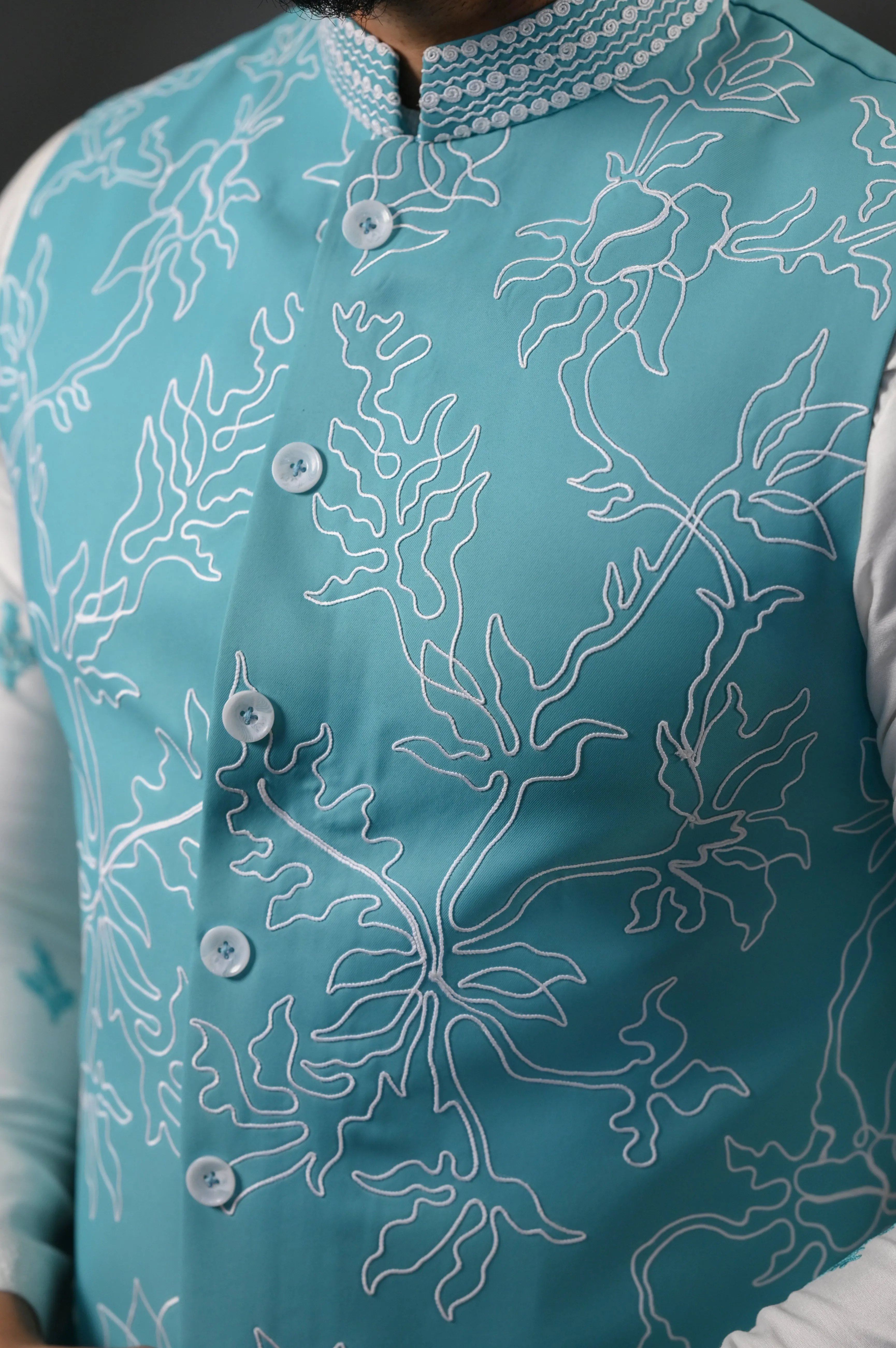 Aqua Chanderi Silk Jacket Set With All Over Embose Print