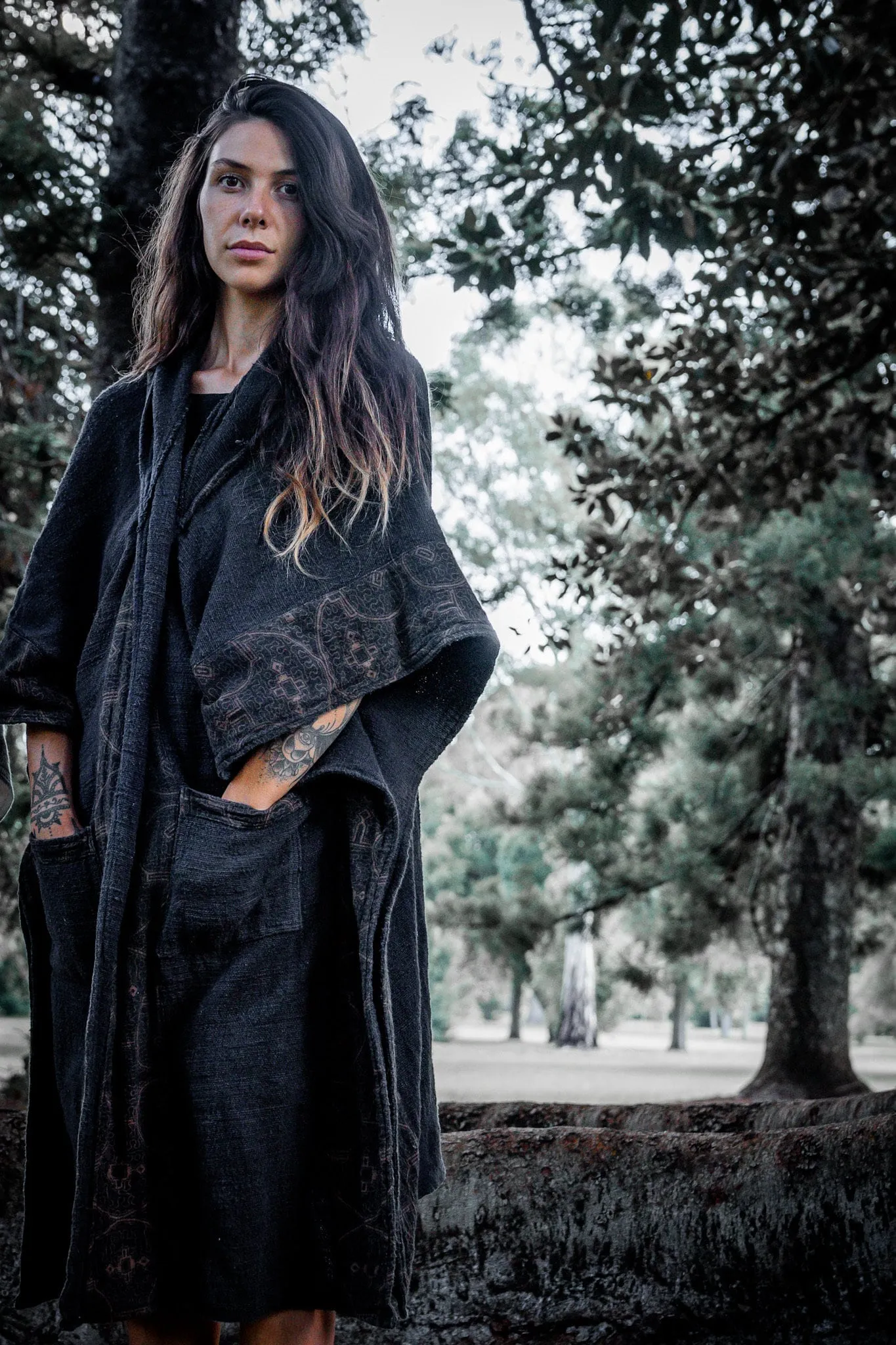 AYAWA Womens Hooded Black Kimono Cape Poncho Shipibo Sacred Patterns Ceremony Ritual Shaman Tribal Shawl Viking Festival Wrap Rave AJJAYA