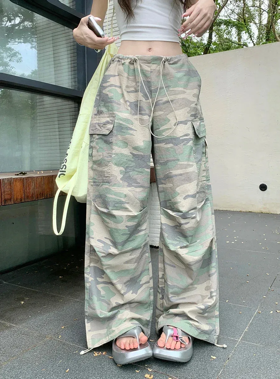 Baggy Drawstring Print Joggers Wide American Leg Streetwear Camo Casual Pants