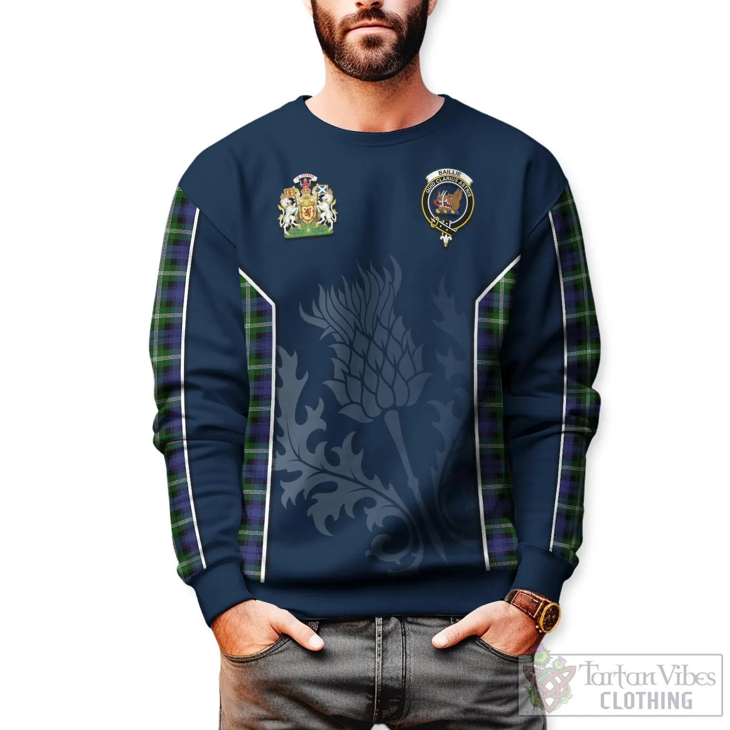 Baillie (Bailey) Tartan Sweatshirt with Family Crest and Scottish Thistle Vibes Sport Style