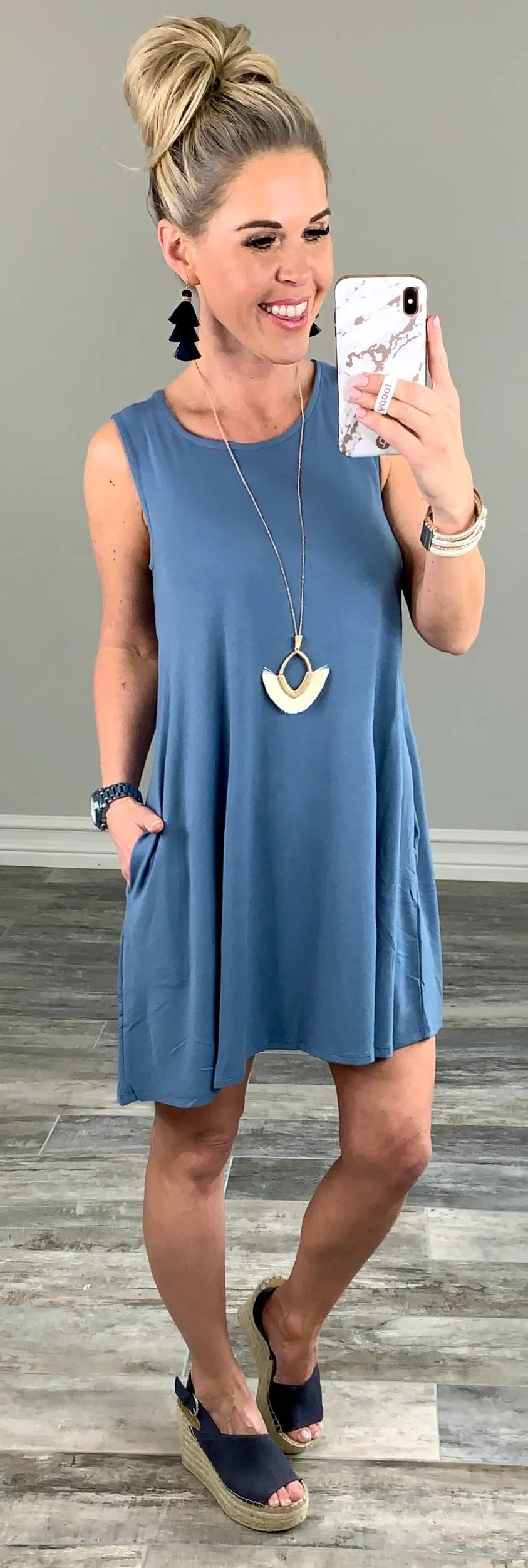 Basic Pocket Tank Dress - Steel Blue