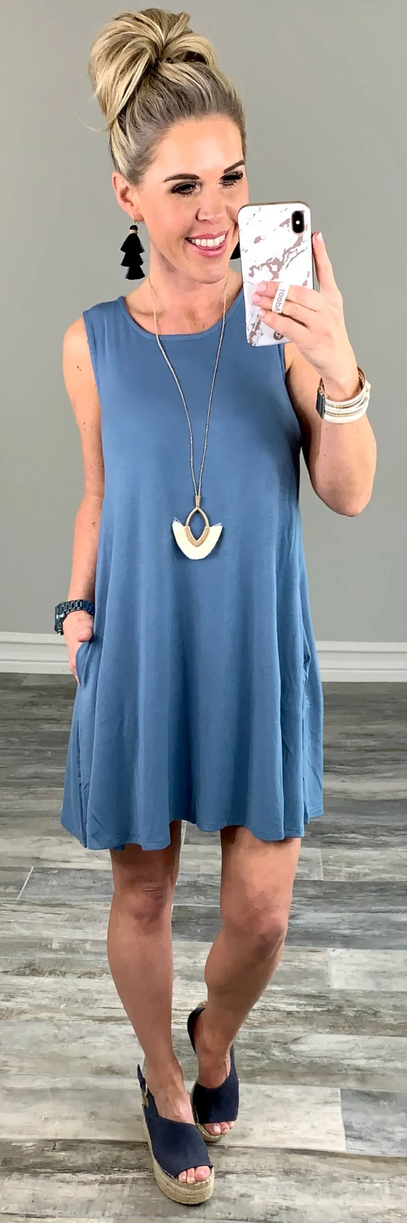 Basic Pocket Tank Dress - Steel Blue