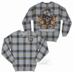 Bell Tartan Sweatshirt with Family Crest and Bearded Skull Holding Bottles of Whiskey