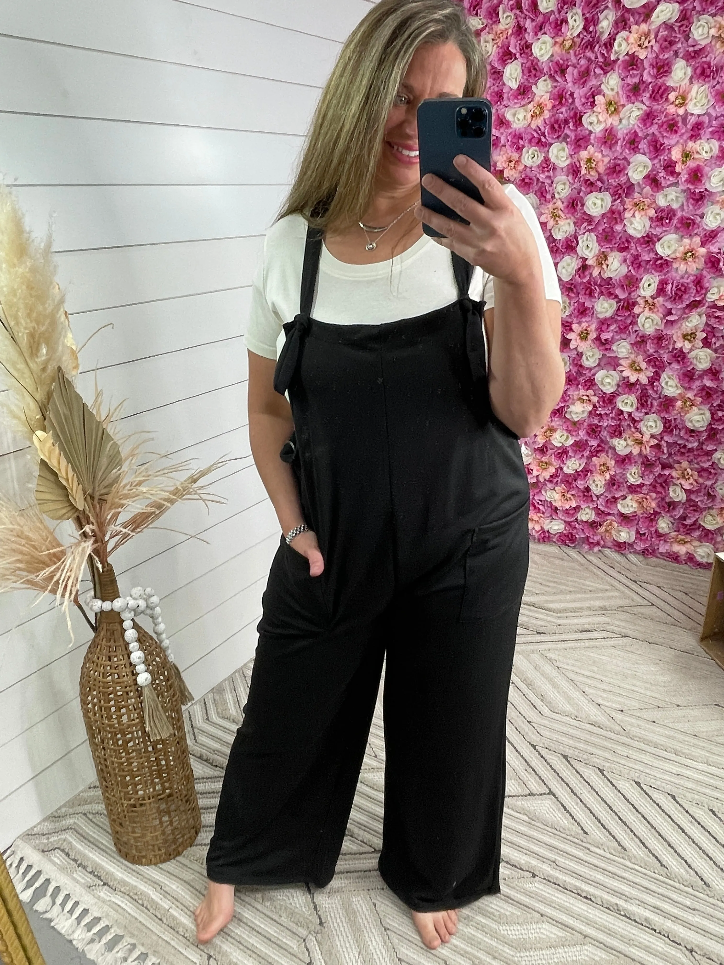 BLACK ADJUSTABLE TIE JUMPSUIT W/ POCKETS