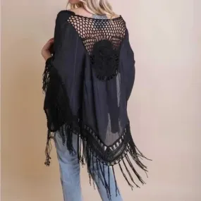 Black Crochet Medallion Tassel Bohemian Kimon Open Wrap Top One Size