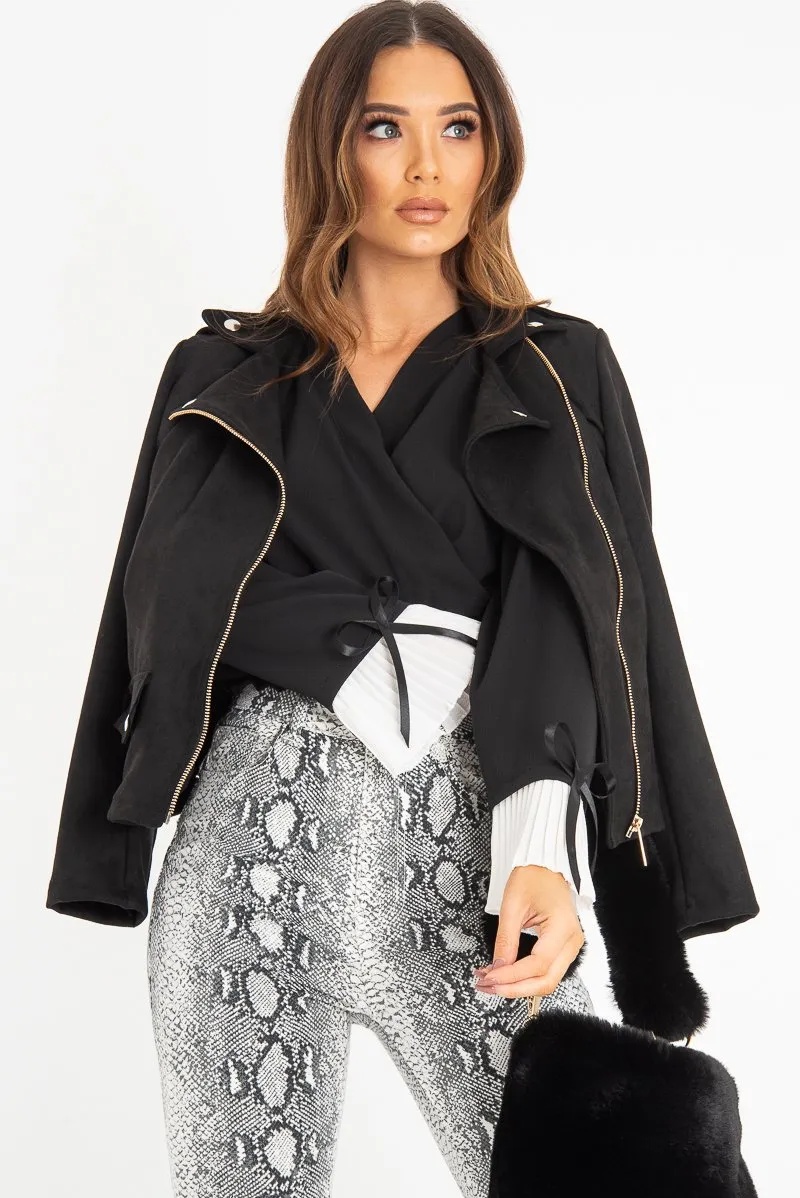 Black Faux Suede Zip Front Biker Jacket - Isadora