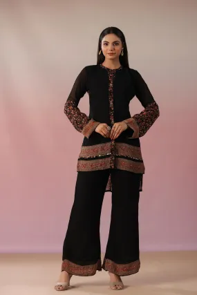 Black Floral Printed Swiss Georgette Silk Co-Ord Set