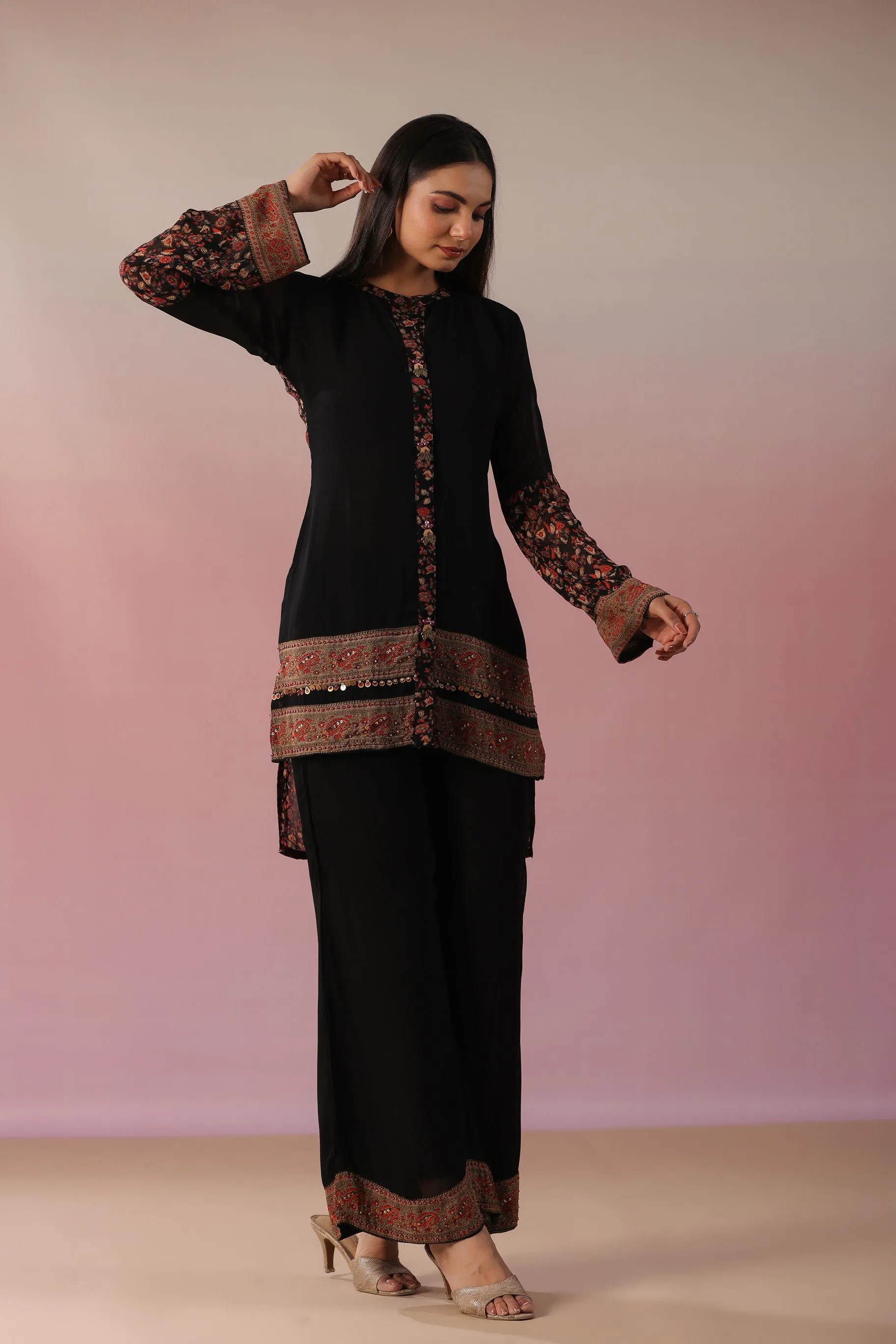 Black Floral Printed Swiss Georgette Silk Co-Ord Set