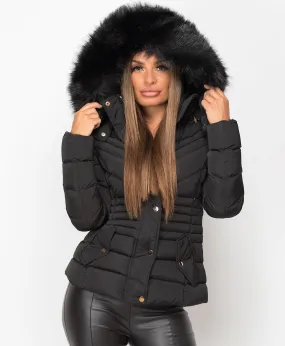 Black Padded Chevron Quilted Faux Fur Hooded Jacket