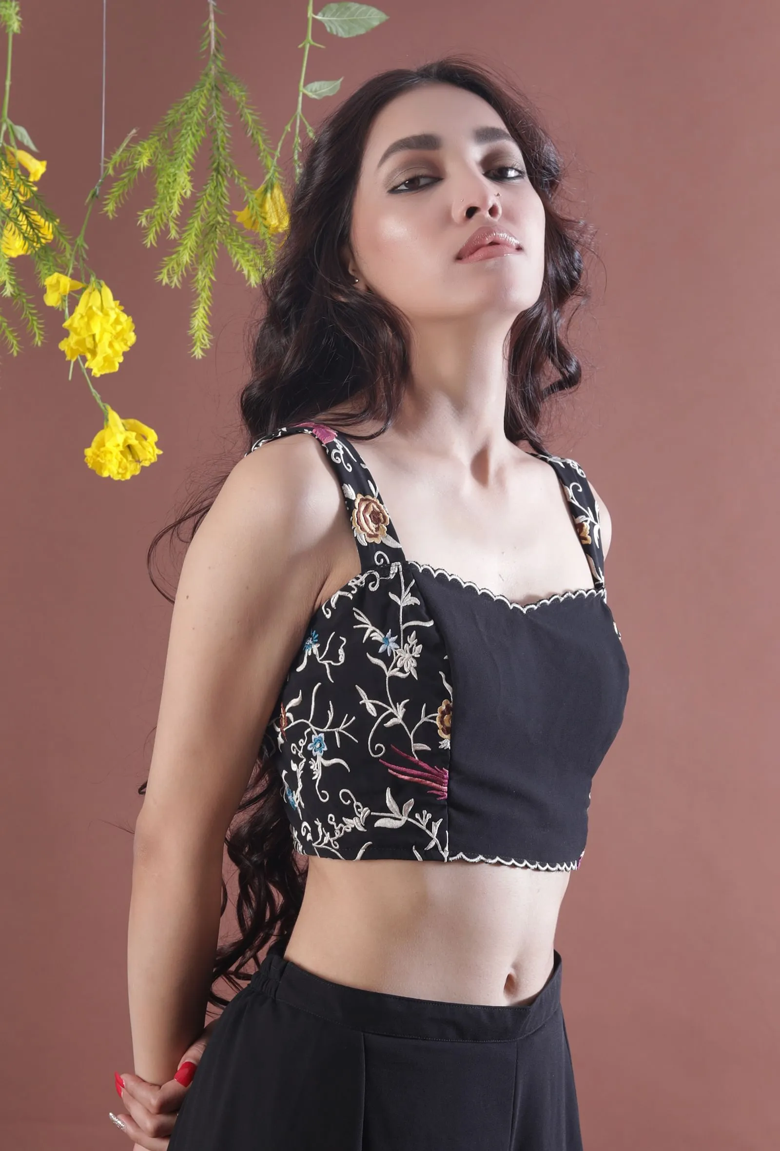 Black Parsi Multicolor Embroidered & Scalloped Georgette Crop Top