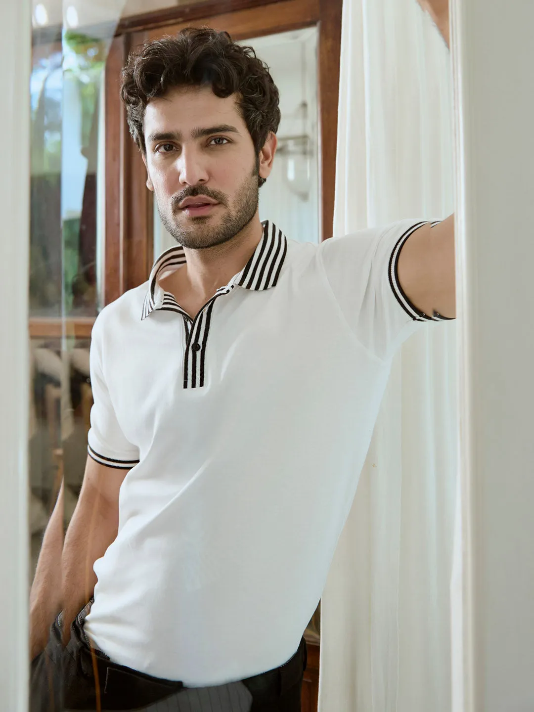 Black Striped Collar Pure Cotton White Polo - Piano