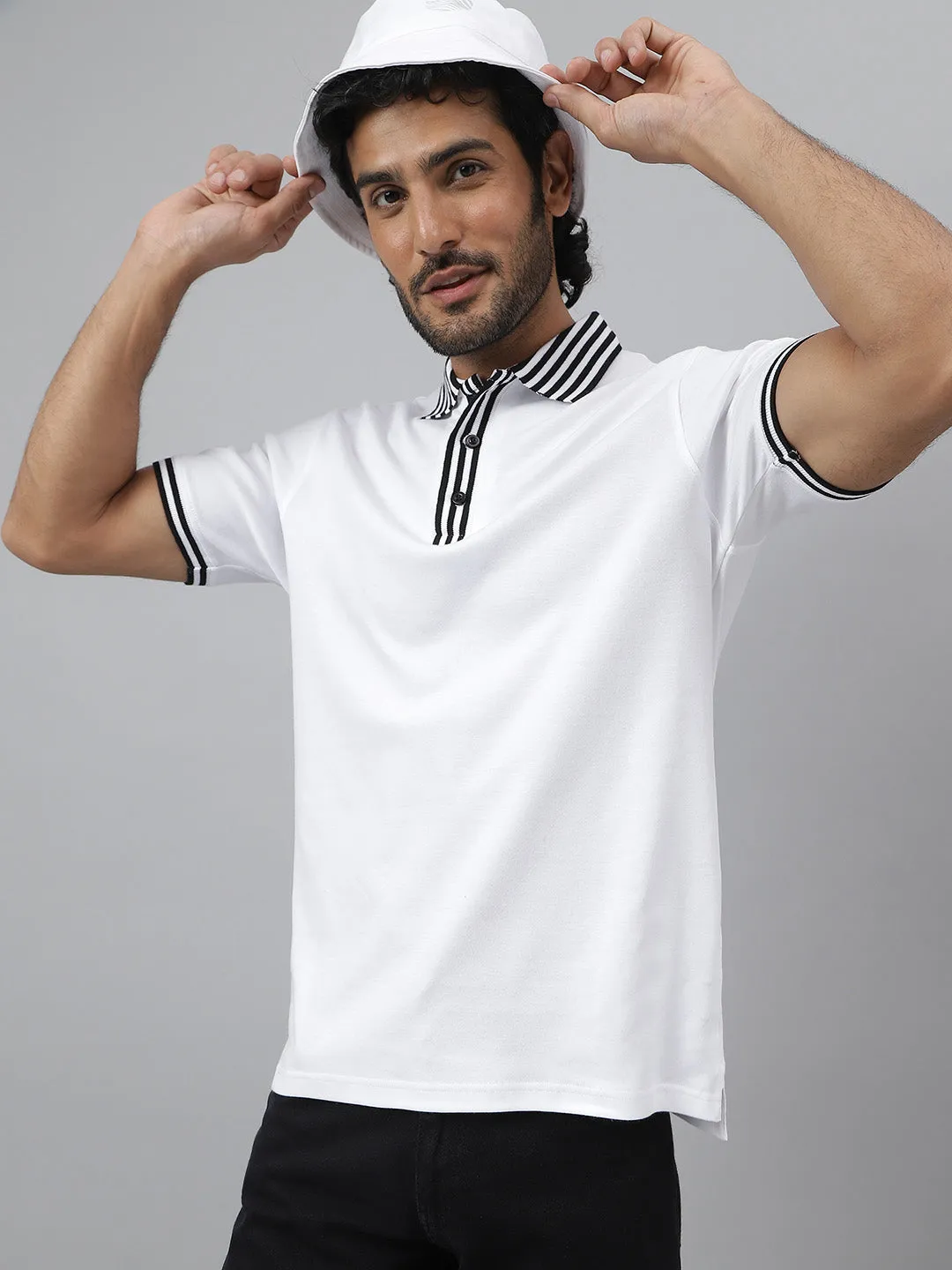 Black Striped Collar Pure Cotton White Polo - Piano