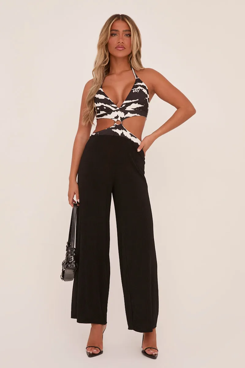 Black Zebra Print Metal Trim Halter Neck jumpsuit - Melanie