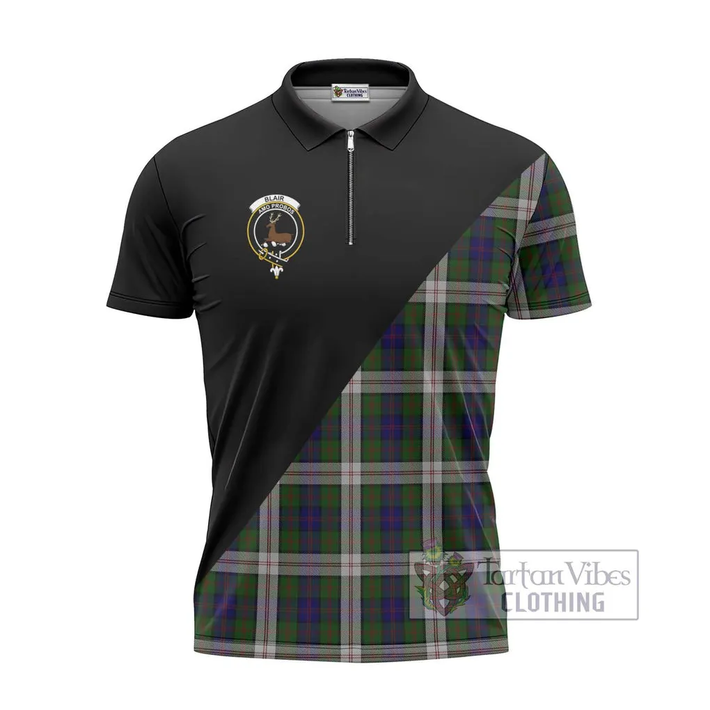 Blair Dress Tartan Zipper Polo Shirt with Family Crest and Military Logo Style