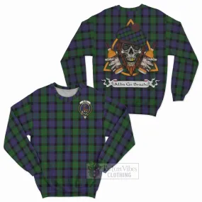 Blair Tartan Sweatshirt with Family Crest and Bearded Skull Holding Bottles of Whiskey