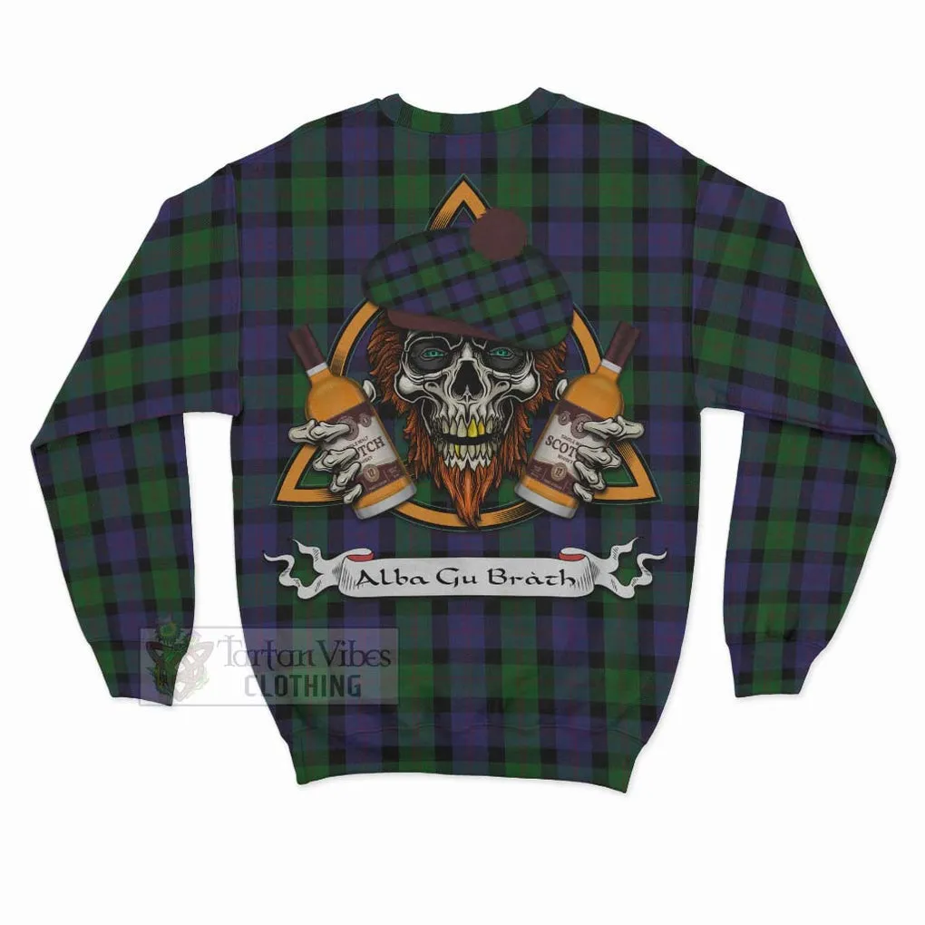 Blair Tartan Sweatshirt with Family Crest and Bearded Skull Holding Bottles of Whiskey