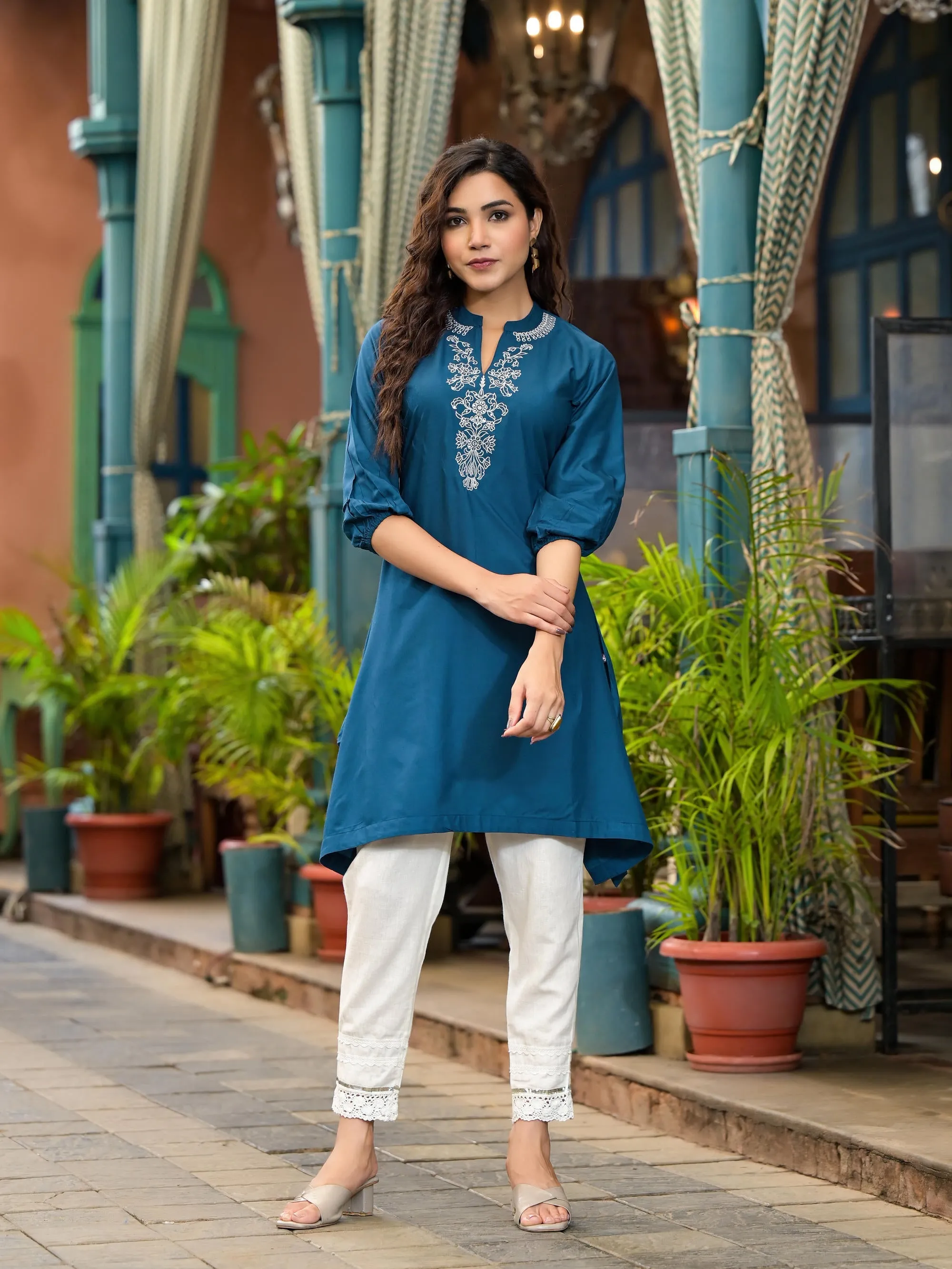 Blue Thread Embroidered Liva Rayon Tunic With Sequins