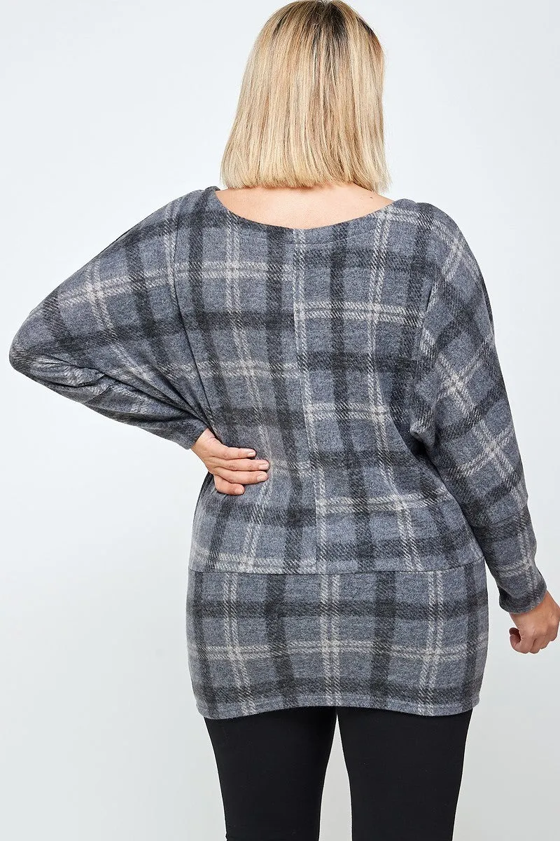 Boat Neck, Plaid Print Tunic Top, With Long Dolman Sleeves