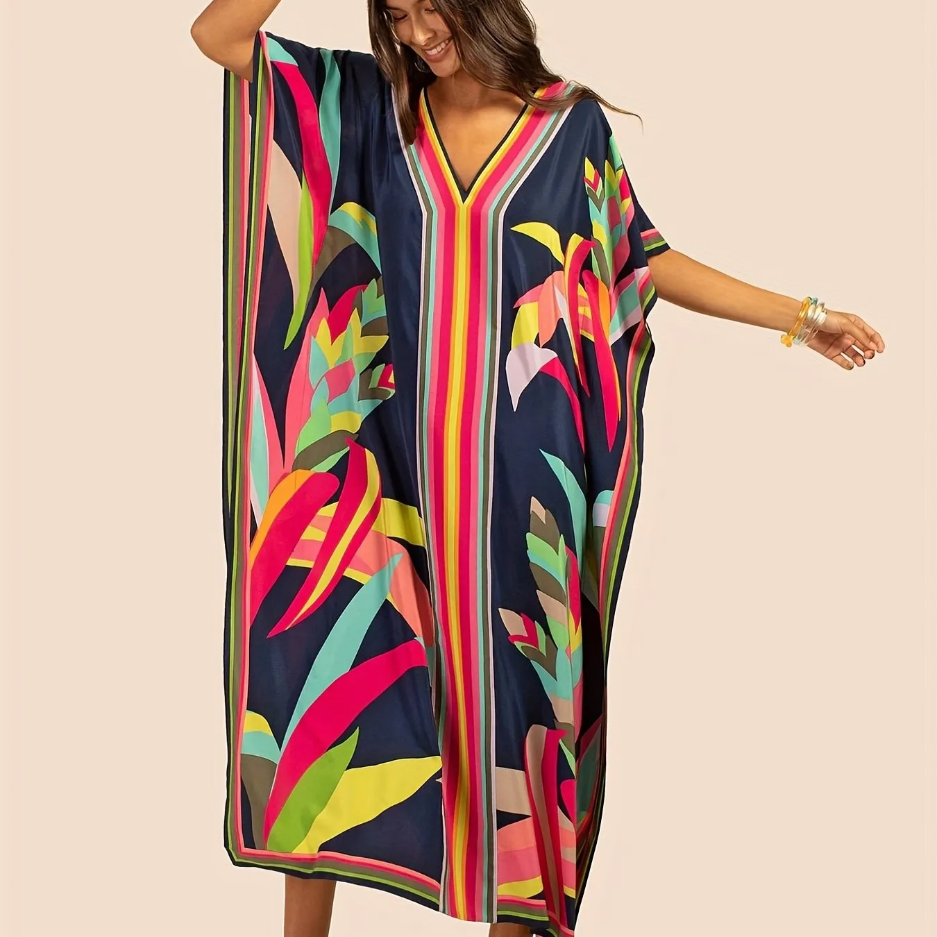 Boho Kimono Maxi Cover with Floral Print for Plus Size Women