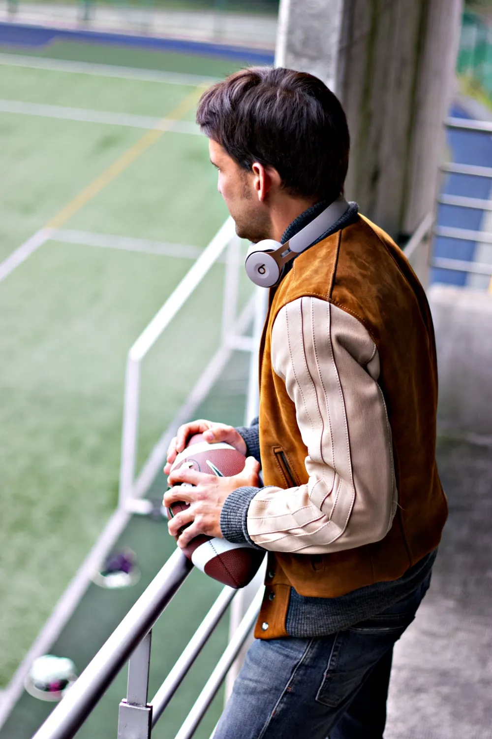 BOSTON 80 Leather Buffalo Suede Varsity Jacket - Cinnamon & Ivory Stripes Raw Code