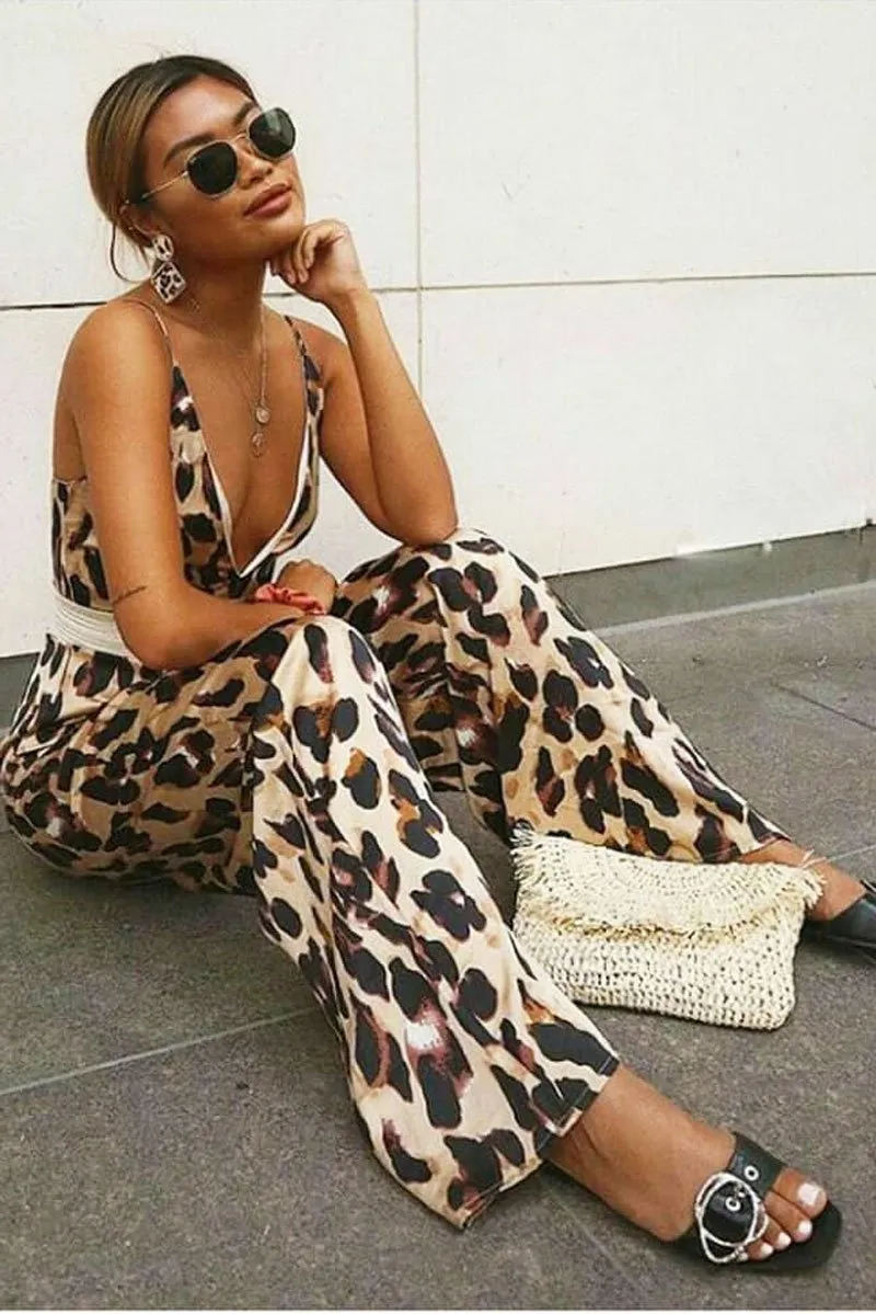 Brown Leopard Halter Plunge Jumpsuit - Gwyn