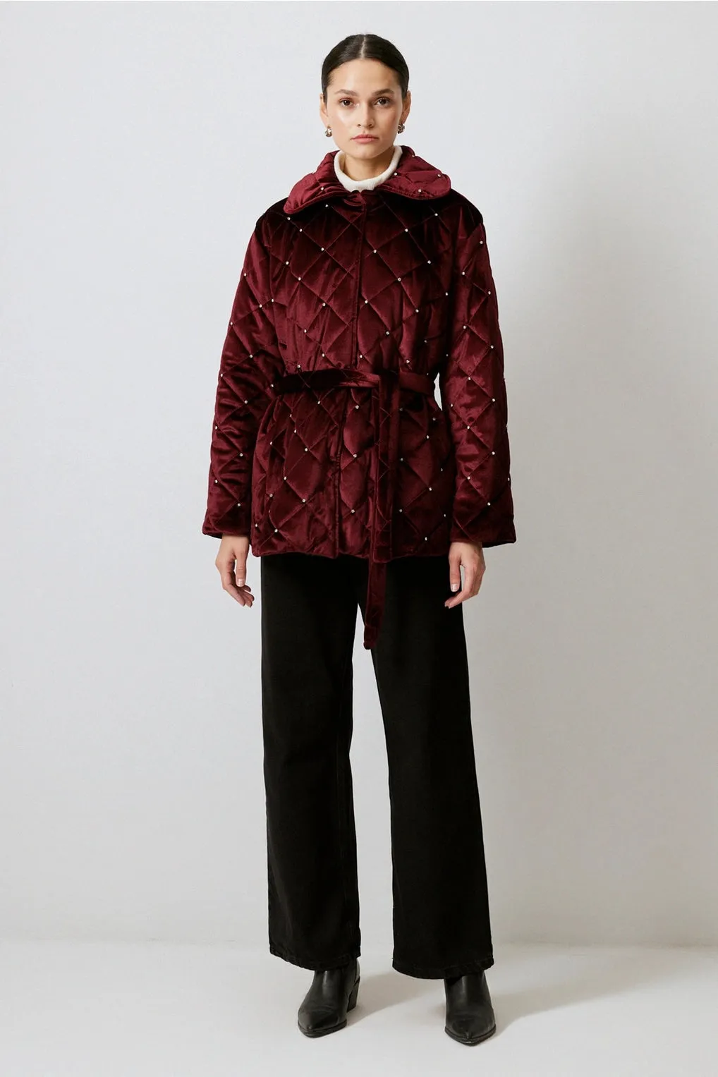 Burgundy Quilted Crystal Velvet Coat