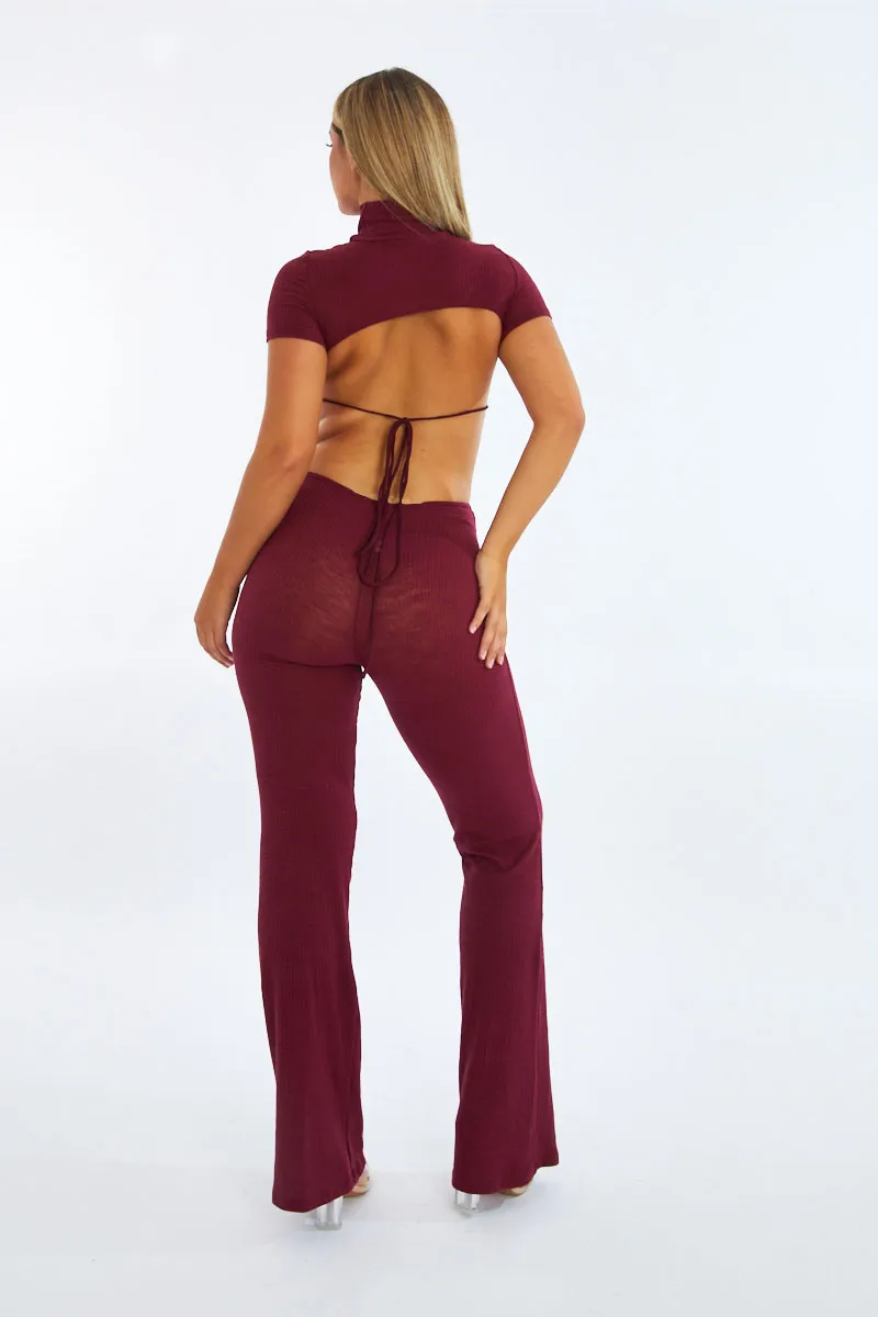 Burgundy Rib Knit Cut Out Ring Detail Jumpsuit - Ayla