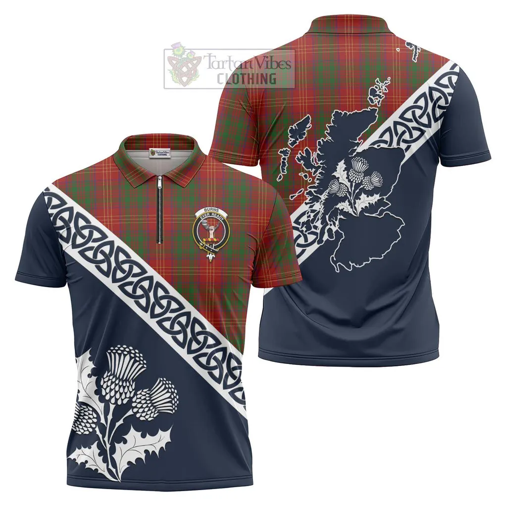 Burns Tartan Zipper Polo Shirt Featuring Thistle and Scotland Map