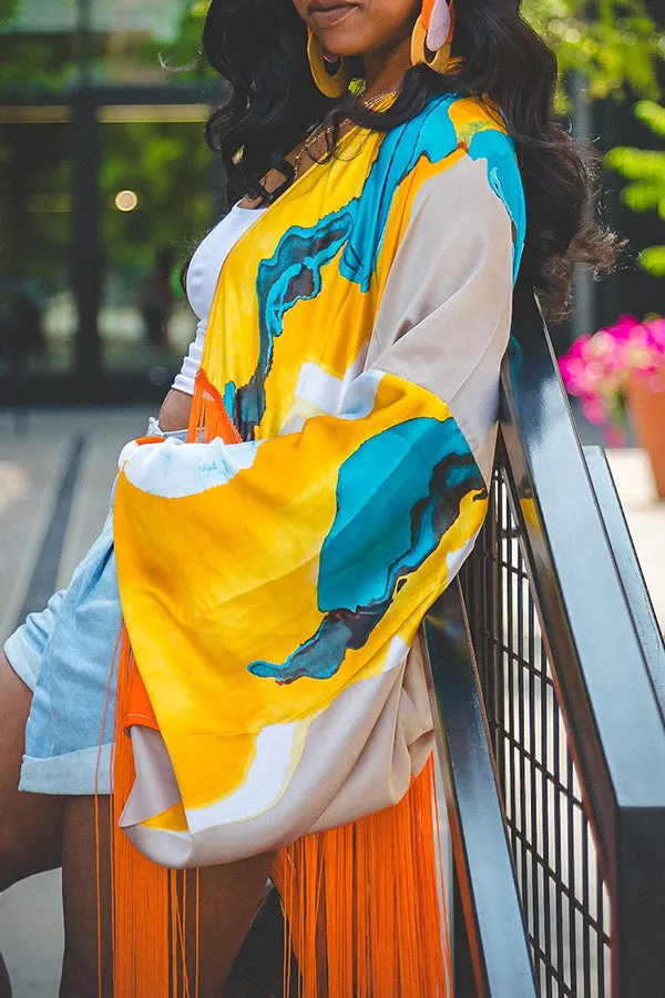 Chic Colorful Abstract Print Tassel Kimono