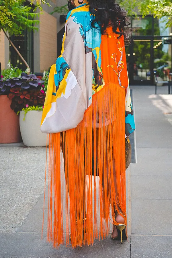 Chic Colorful Abstract Print Tassel Kimono