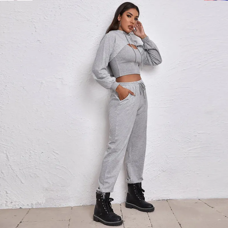 Cider Hooded Loose Tank Top Sweatshirt Sport Jogging Three-piece Jumpsuit Set