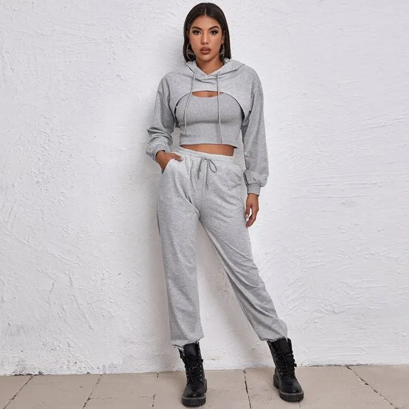 Cider Hooded Loose Tank Top Sweatshirt Sport Jogging Three-piece Jumpsuit Set