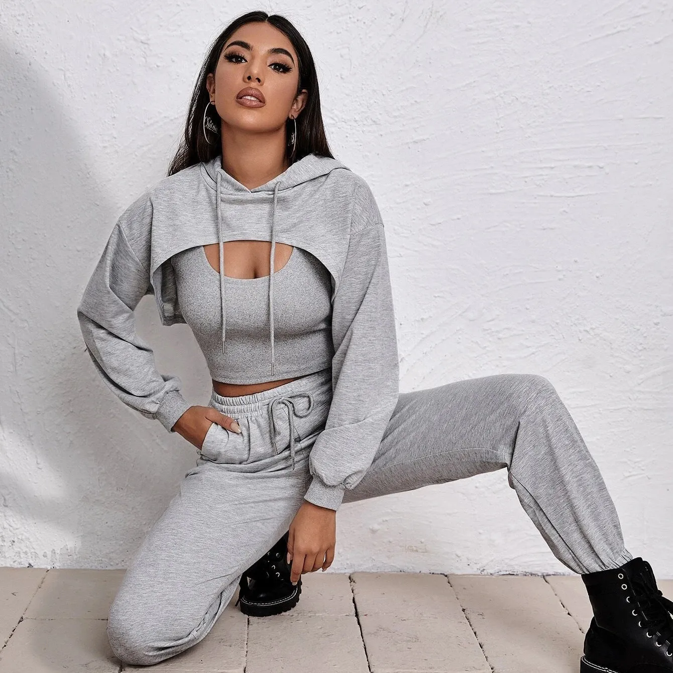 Cider Hooded Loose Tank Top Sweatshirt Sport Jogging Three-piece Jumpsuit Set