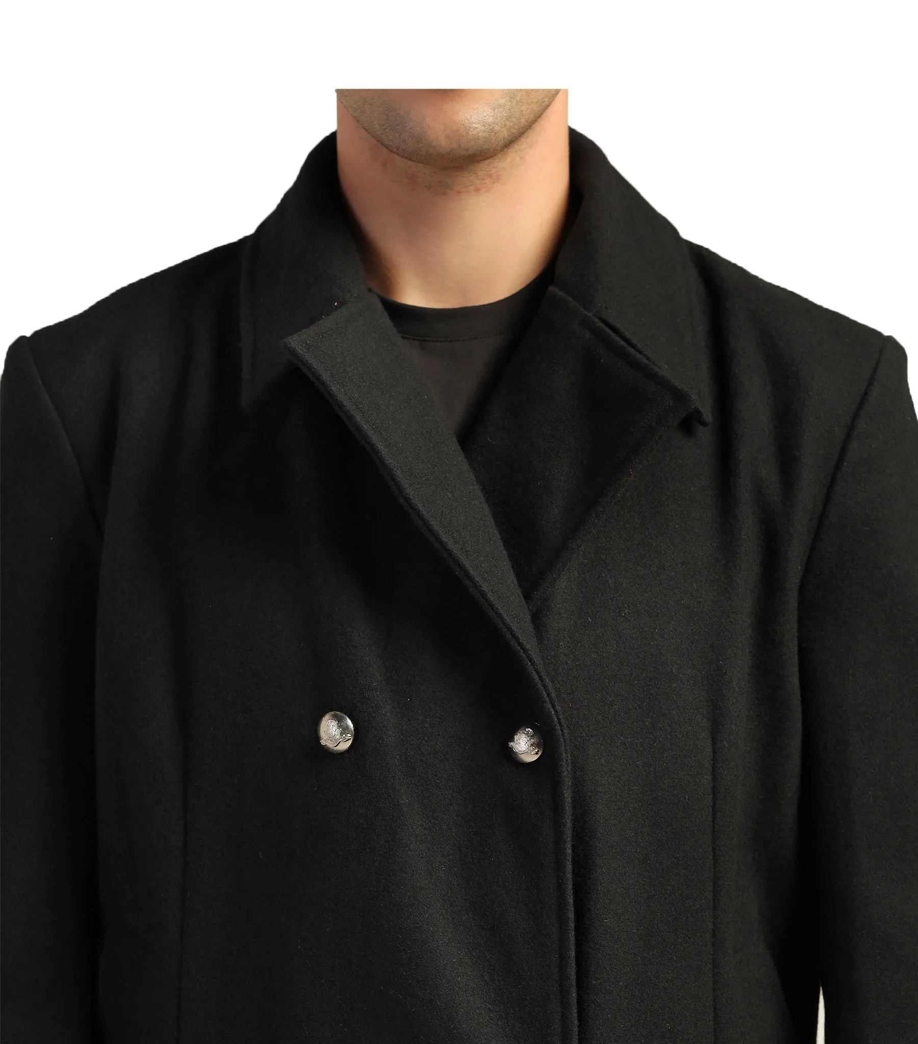 Classic Black Felt Double-Breasted Coat With Silver Buttons