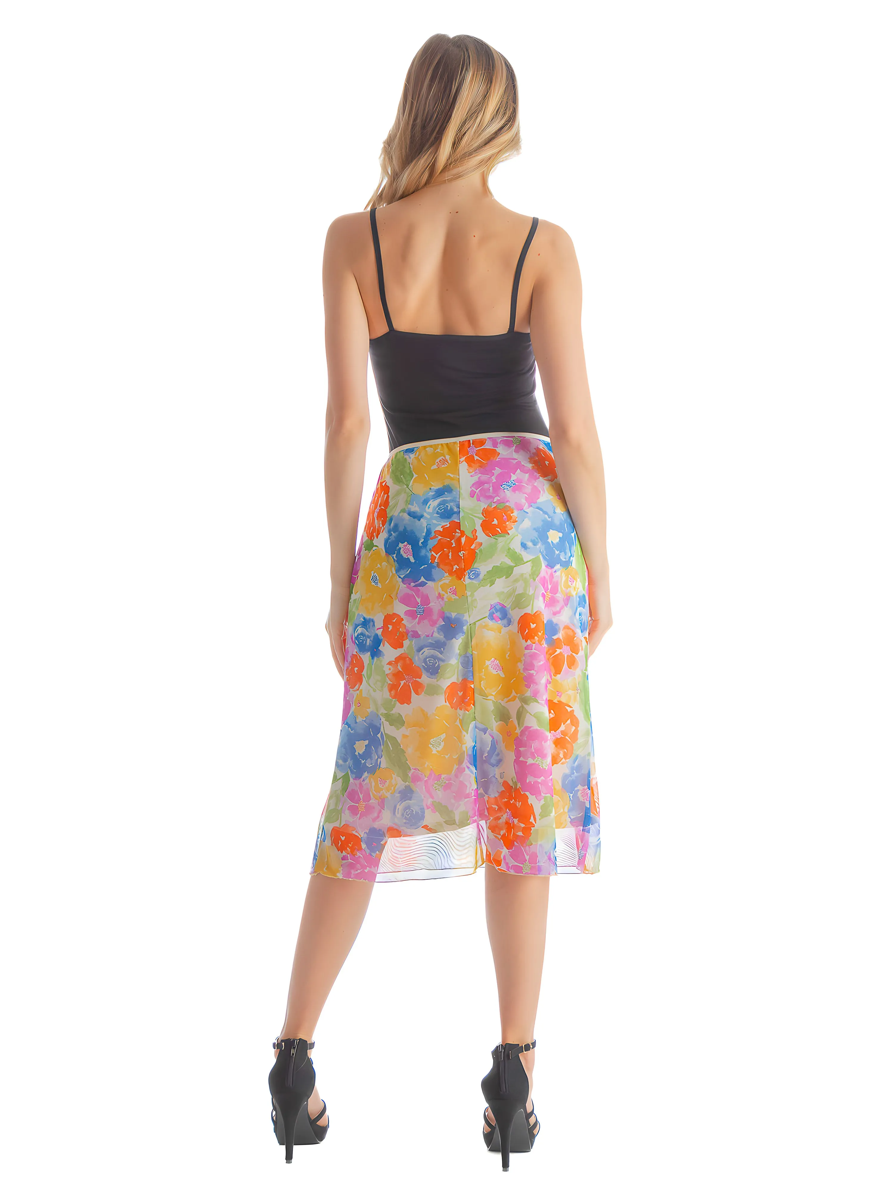 Colorful Spring Floral Sheer Overlay Elastic Waist Knee Length Skirt