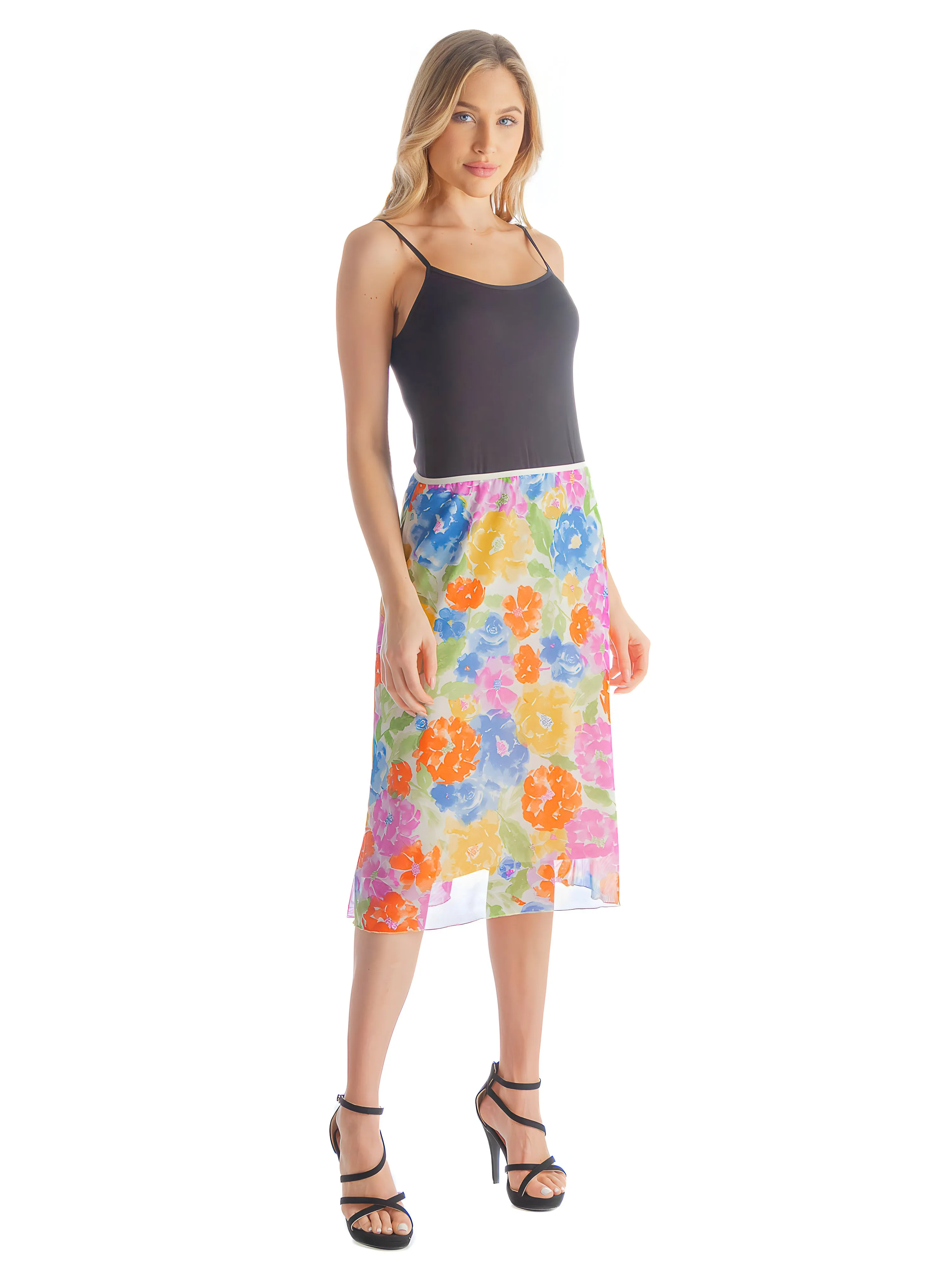 Colorful Spring Floral Sheer Overlay Elastic Waist Knee Length Skirt