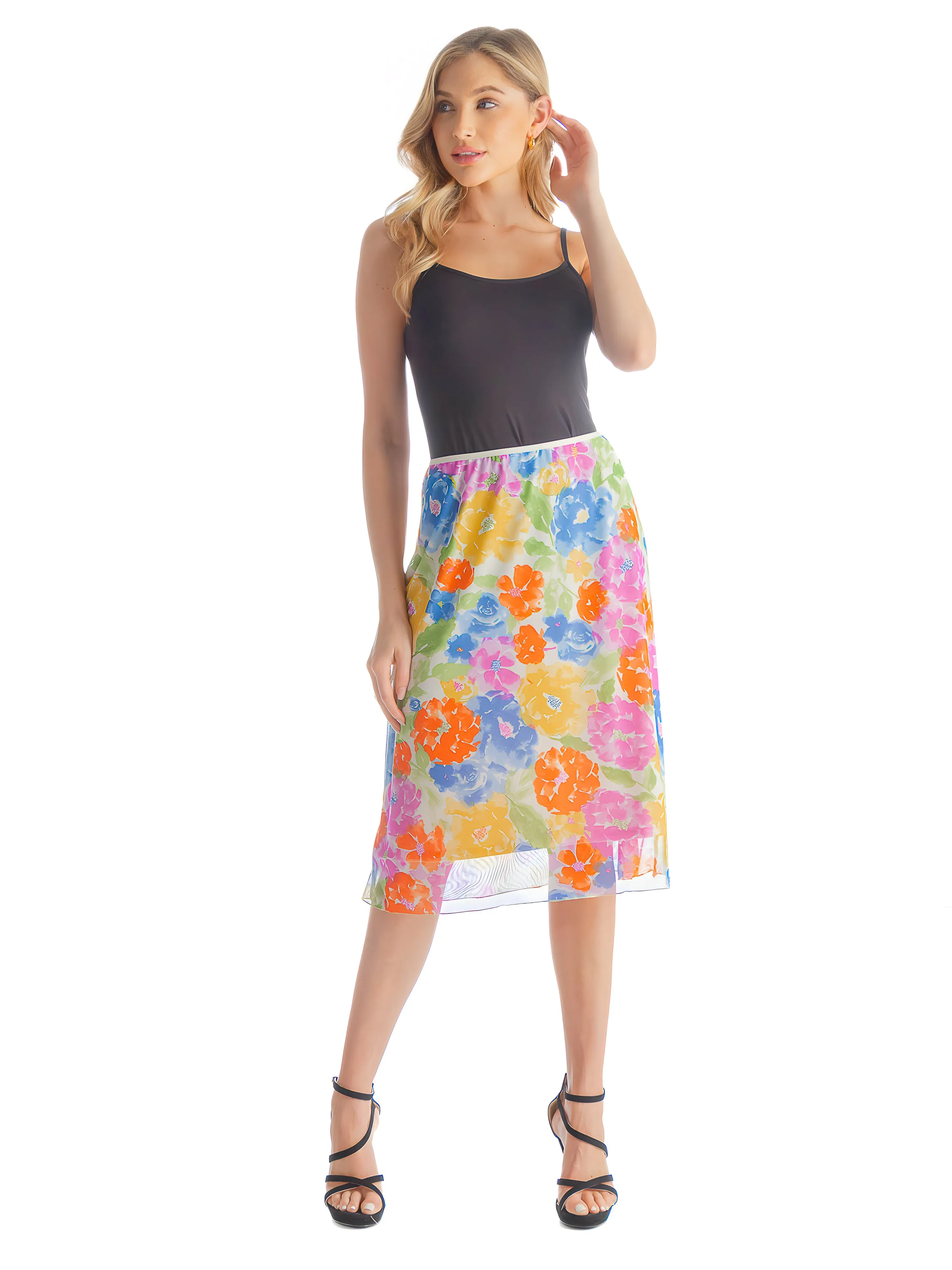 Colorful Spring Floral Sheer Overlay Elastic Waist Knee Length Skirt