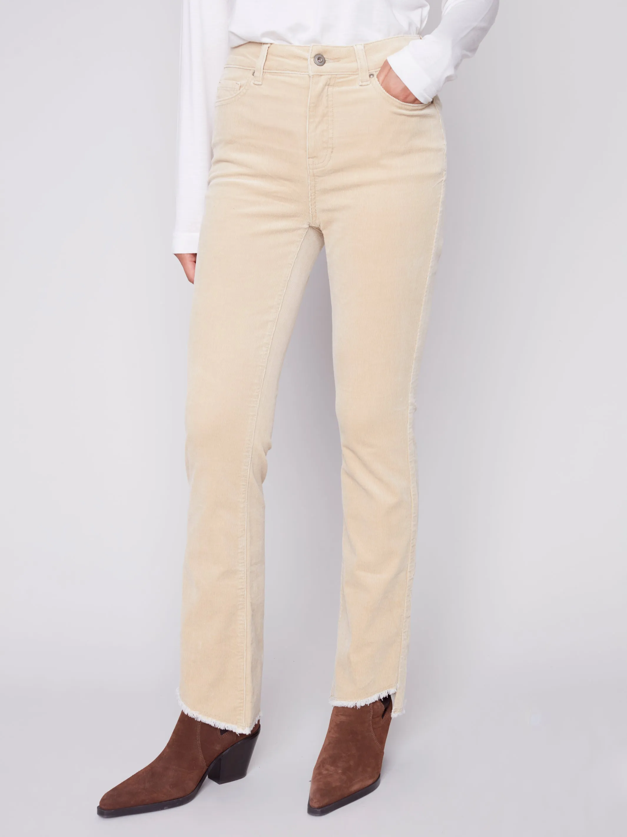 Corduroy Asymetrical Hem Bootcut Leg Pant - Natural