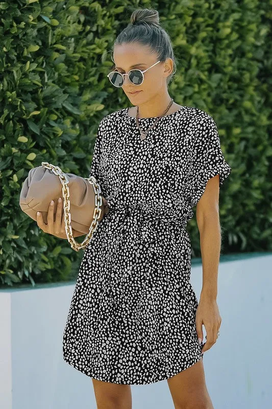 Crew Neck Waist Tie Leopard Dress