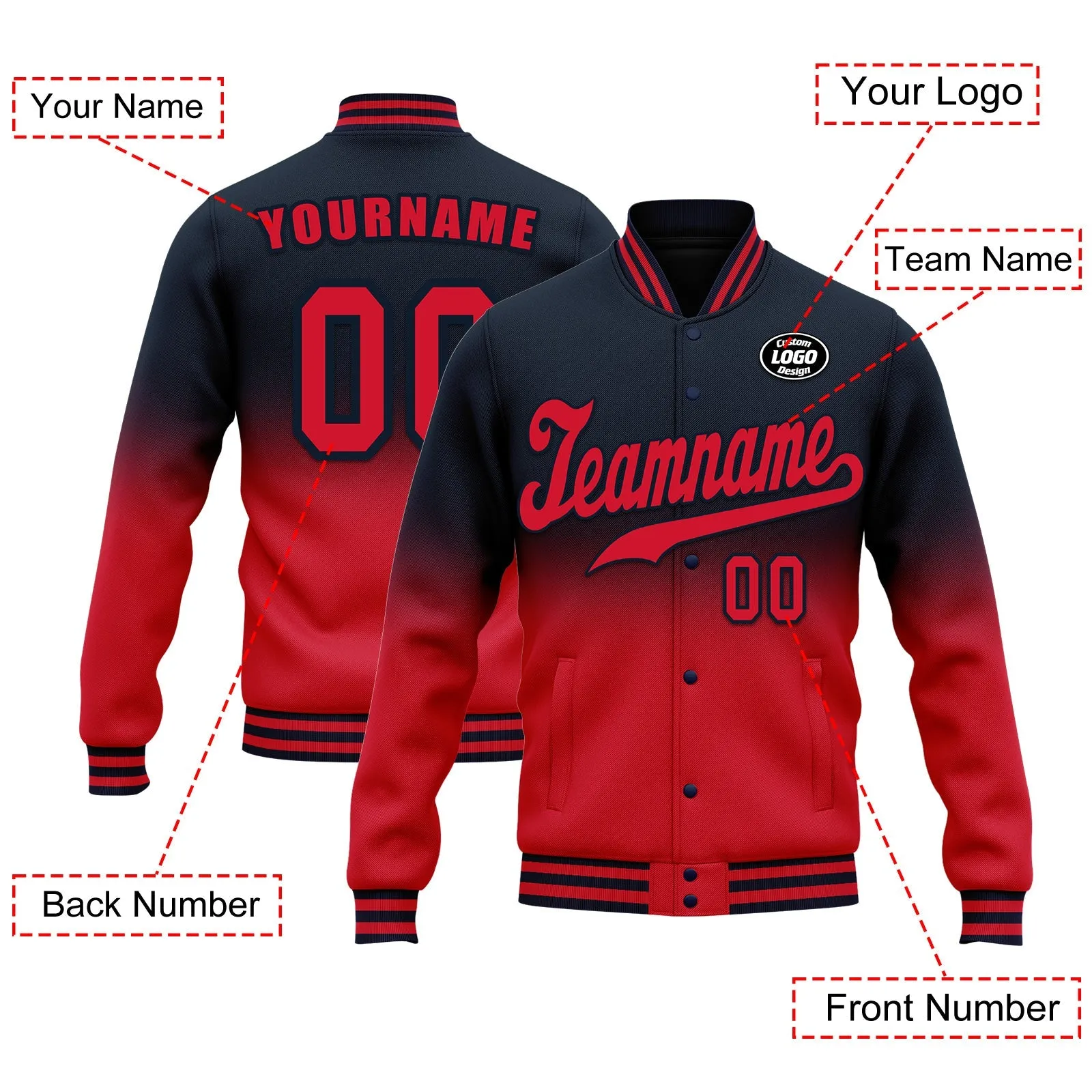 Custom Blue Red Fade Fashion Jacket Bomber Full-Snap Varsity Letterman Personalized Jacket FZ005-D020229-4