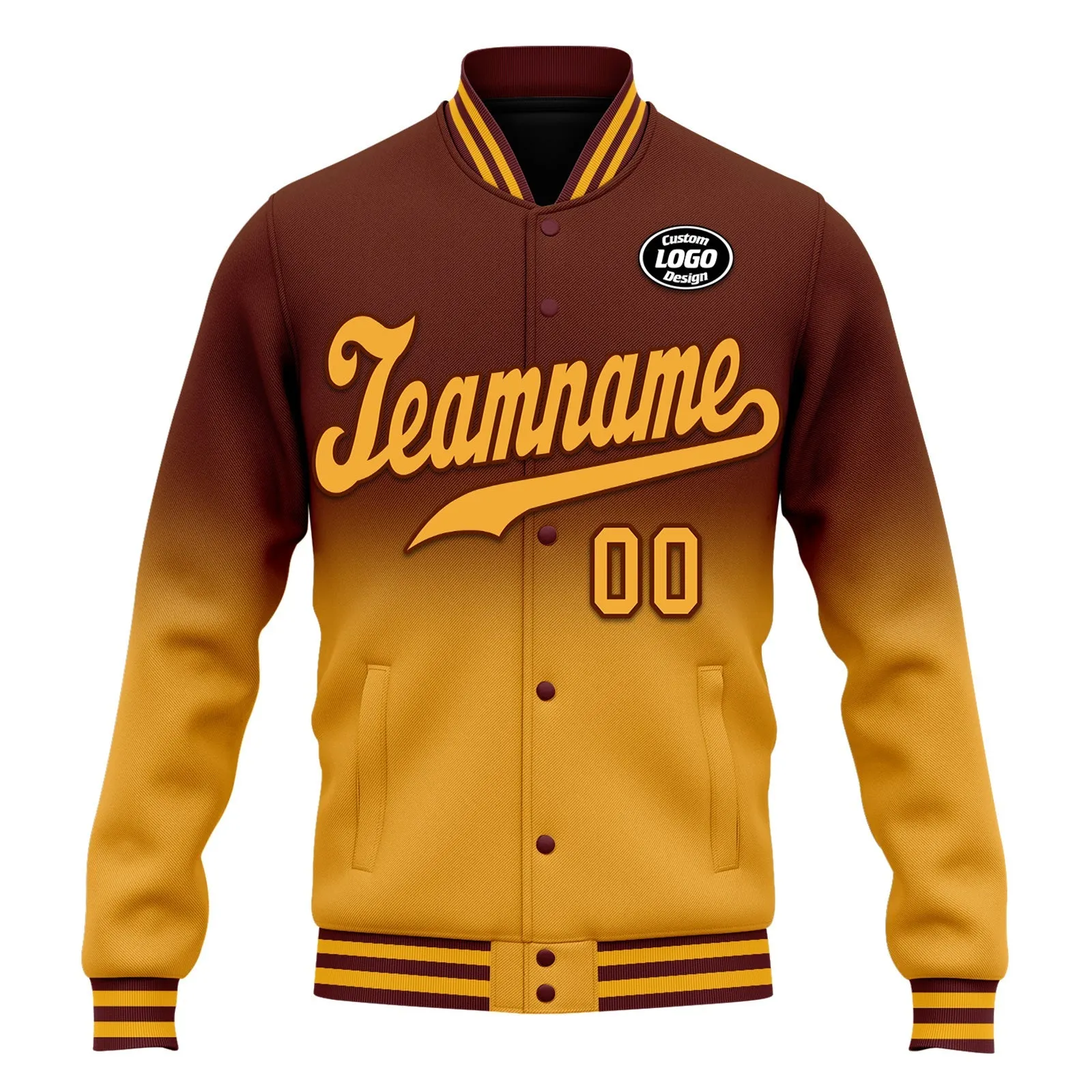 Custom Brown Yellow Fade Fashion Jacket Bomber Full-Snap Varsity Letterman Personalized Jacket FZ005-D020229-12