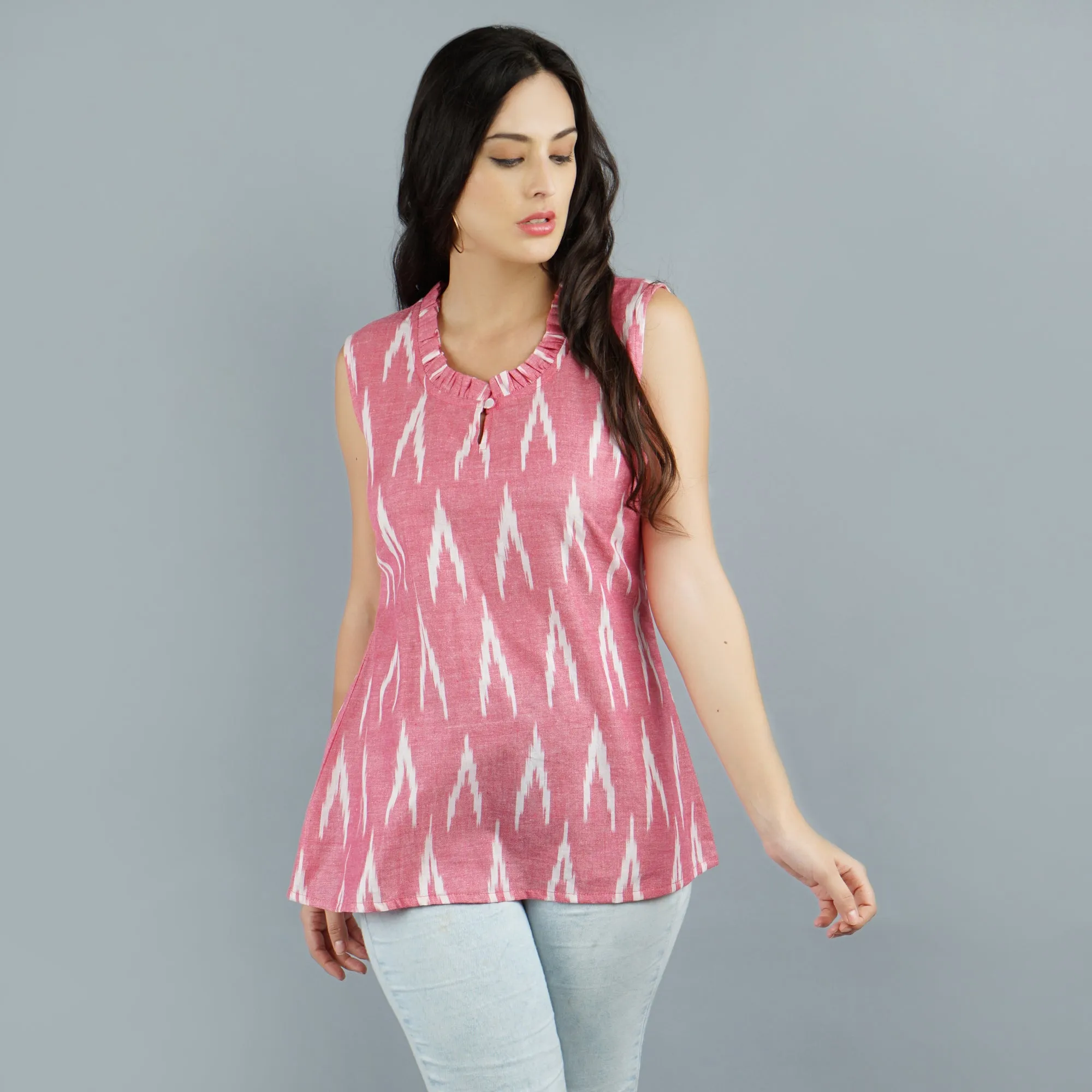 Darzaania Pink Ikat Handloom Cotton Top