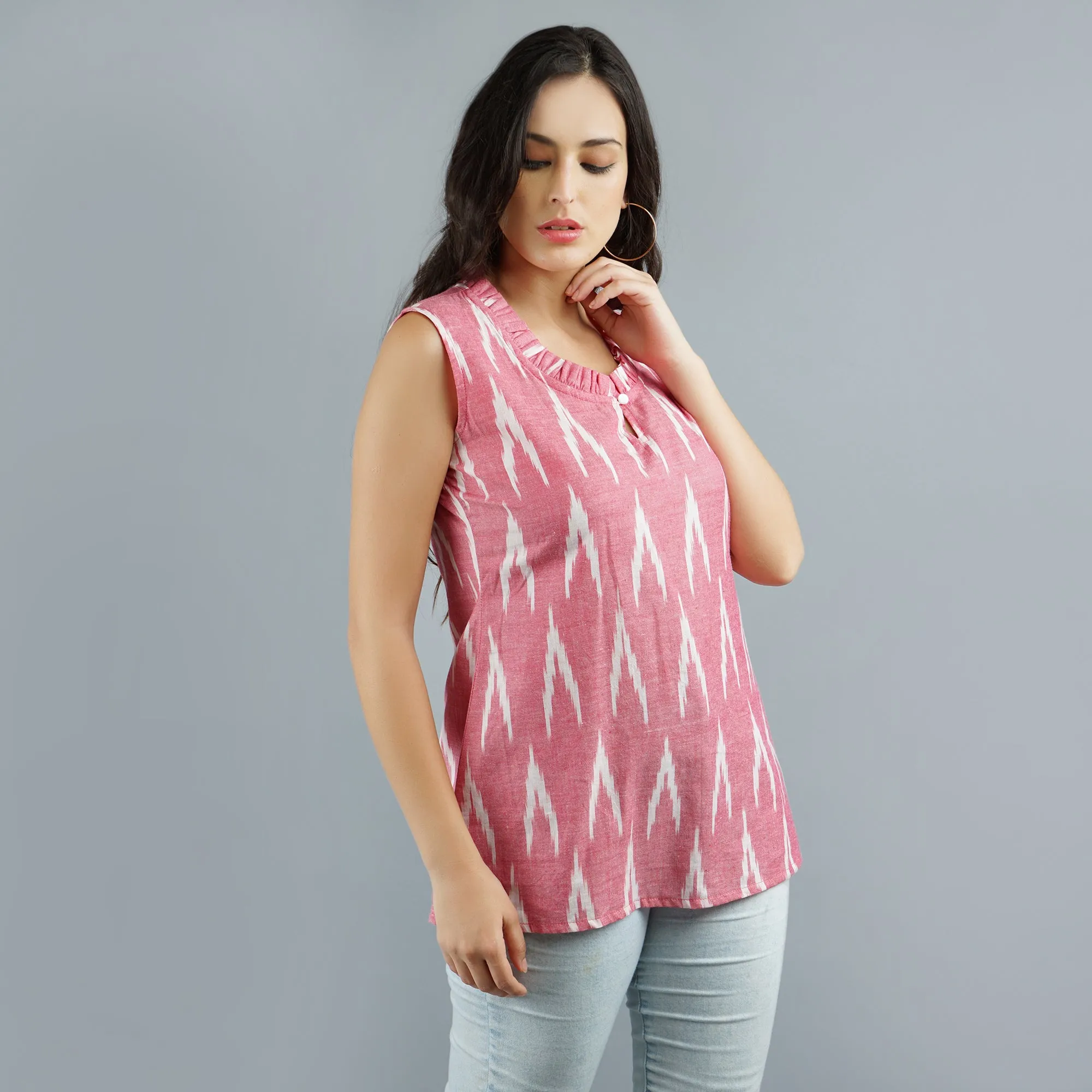 Darzaania Pink Ikat Handloom Cotton Top